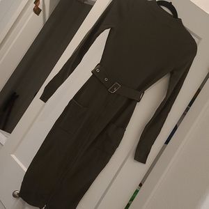 Mock neck long sleeved olive dress
